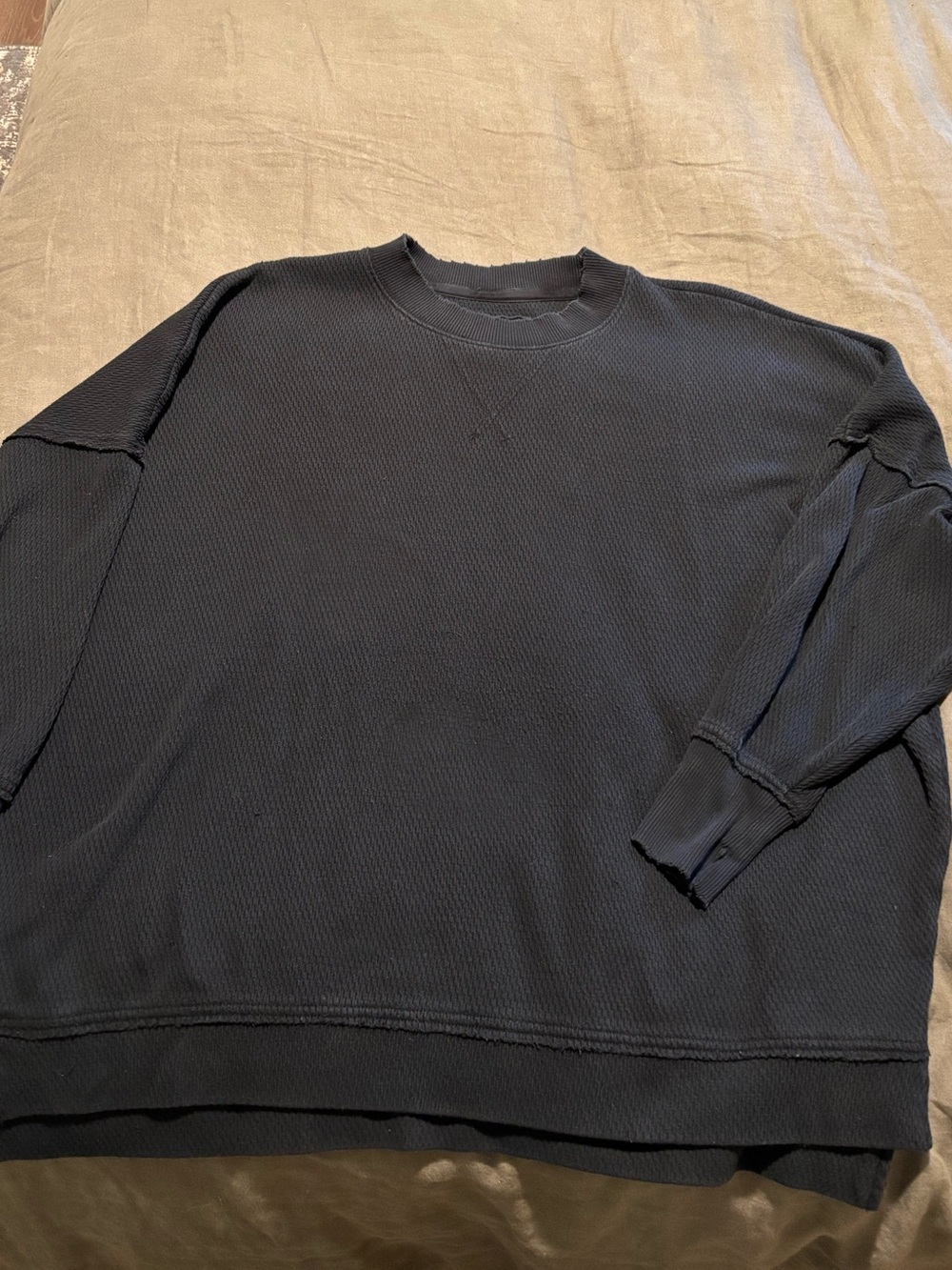 aerie women’s distressed Black Waffle Crewneck Sweatshirt